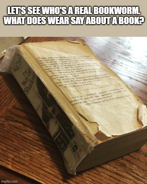 LET'S SEE WHO'S A REAL BOOKWORM. WHAT DOES WEAR SAY ABOUT A BOOK? | made w/ Imgflip meme maker