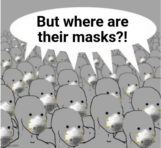 Masked NPC crowd | But where are
their masks?! | image tagged in masked npc crowd | made w/ Imgflip meme maker