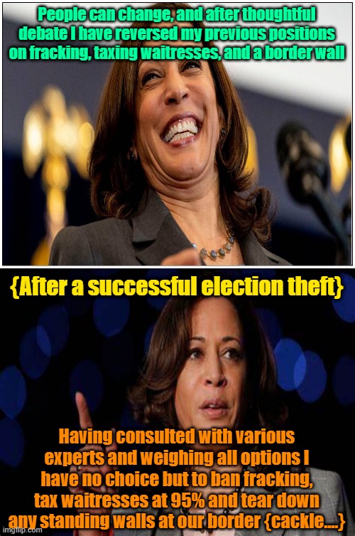 she Can't Understand Normal Thinking | People can change, and after thoughtful debate I have reversed my previous positions on fracking, taxing waitresses, and a border wall; {After a successful election theft}; Having consulted with various experts and weighing all options I have no choice but to ban fracking, tax waitresses at 95% and tear down any standing walls at our border {cackle....} | image tagged in trump,maga,election 2024,kamala harris,liberal hypocrisy | made w/ Imgflip meme maker