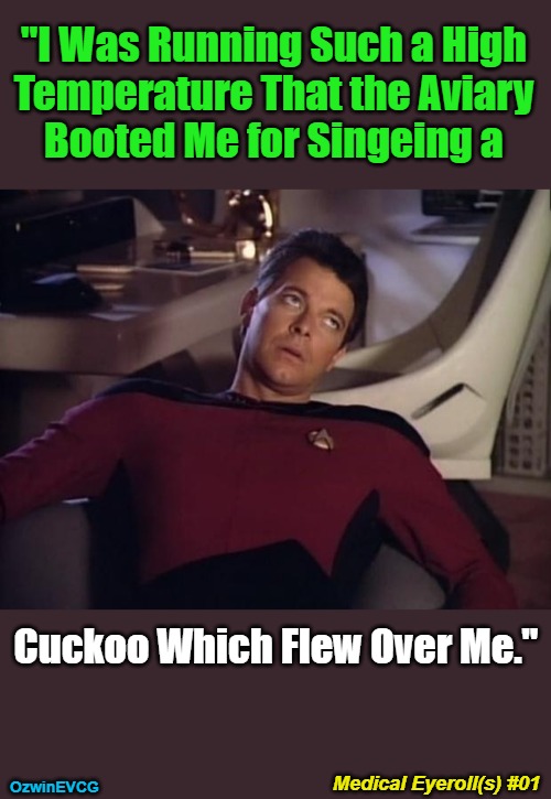 Medical Eyeroll(s) no.01 [#ModernizingMedicine] | "I Was Running Such a High 

Temperature That the Aviary 

Booted Me for Singeing a; Cuckoo Which Flew Over Me."; Medical Eyeroll(s) #01; OzwinEVCG | image tagged in face you make,animals,sickness,annoying riker,sharing is,caring sometimes | made w/ Imgflip meme maker