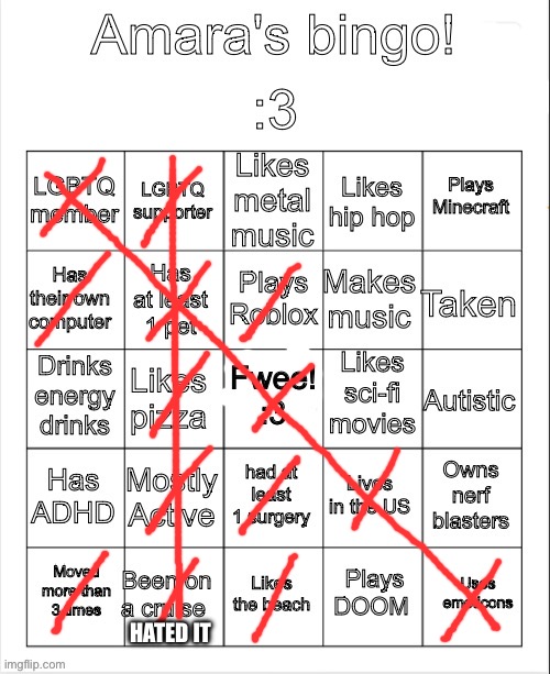 Amara's bingo | HATED IT | image tagged in amara's bingo | made w/ Imgflip meme maker