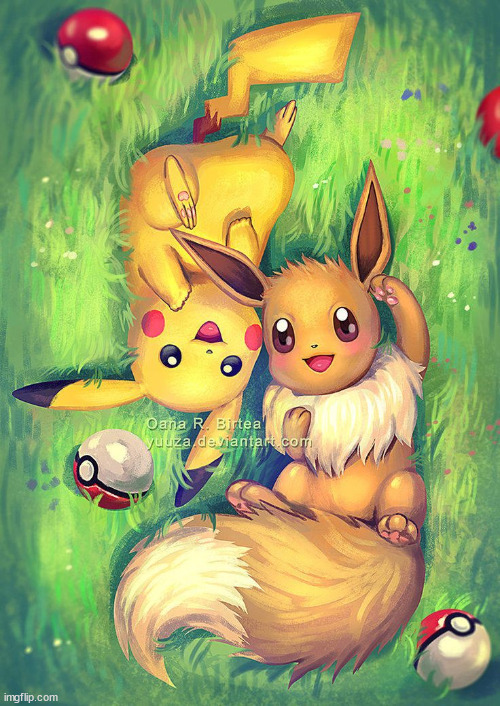 Eevee and Pikachu! | Please ignore the writing. | image tagged in aww | made w/ Imgflip meme maker