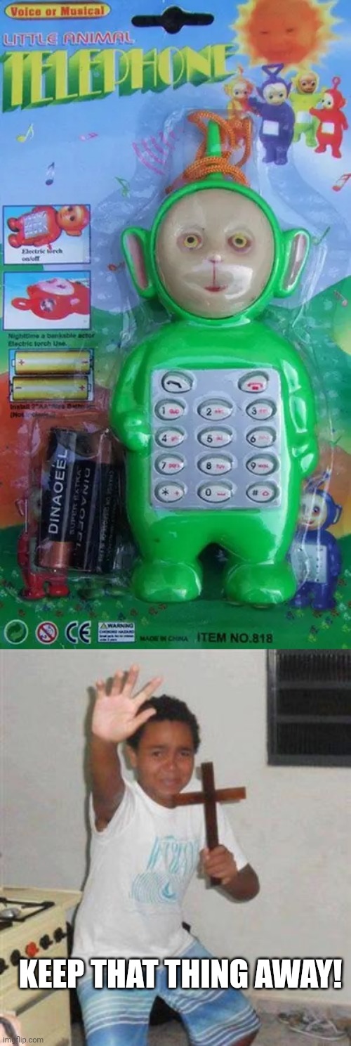 COMES WITH RIP-OFF BRAND BATTERIES | KEEP THAT THING AWAY! | image tagged in scared kid,cursed image,cursed,teletubbies | made w/ Imgflip meme maker