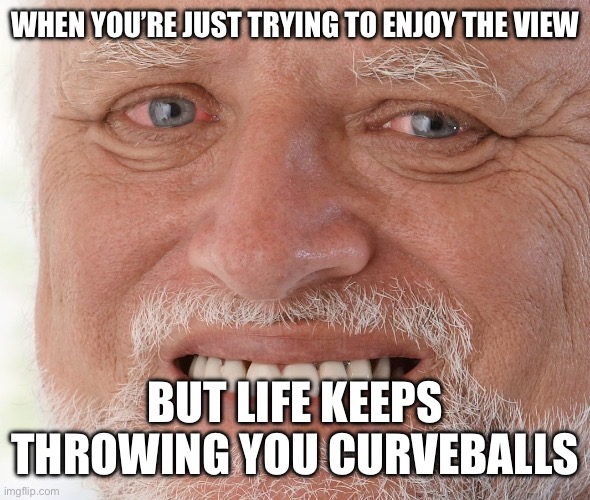Hide the Pain Harold | WHEN YOU’RE JUST TRYING TO ENJOY THE VIEW; BUT LIFE KEEPS THROWING YOU CURVEBALLS | image tagged in hide the pain harold | made w/ Imgflip meme maker