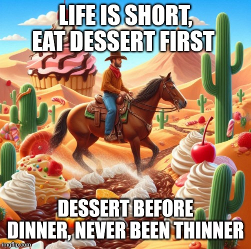 Riding through the dessert | LIFE IS SHORT, EAT DESSERT FIRST; DESSERT BEFORE DINNER, NEVER BEEN THINNER | image tagged in riding through the dessert | made w/ Imgflip meme maker