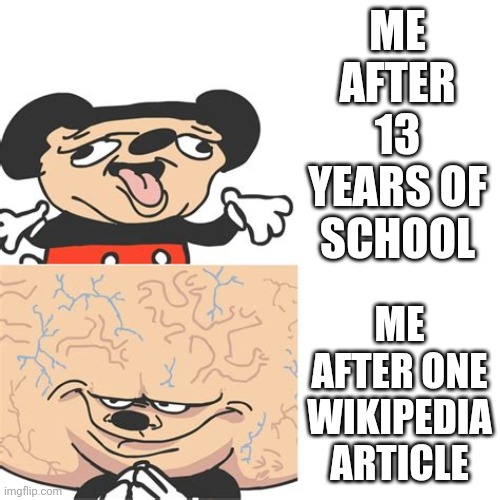 Learning. | ME AFTER 13 YEARS OF SCHOOL; ME AFTER ONE WIKIPEDIA ARTICLE | image tagged in mickey mouse smart dumb | made w/ Imgflip meme maker