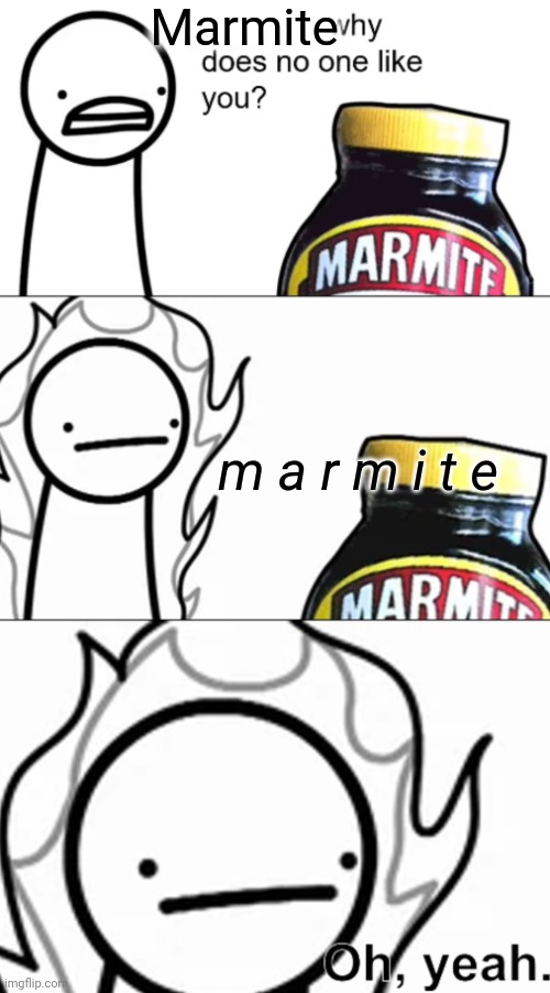 ㅤ | Marmite; m a r m i t e | image tagged in x why does no one like you,asdfmovie,marmite | made w/ Imgflip meme maker