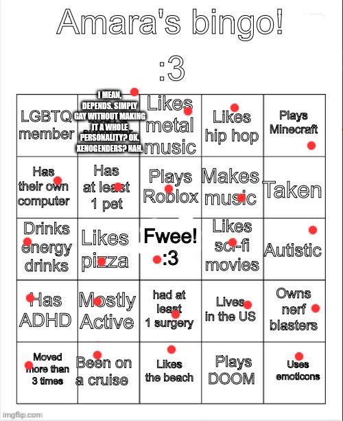 Ok but tf who calls a gun a blaster | I MEAN, DEPENDS. SIMPLY GAY WITHOUT MAKING IT A WHOLE PERSONALITY? OK. XENOGENDERS? NAH. | image tagged in amara's bingo | made w/ Imgflip meme maker