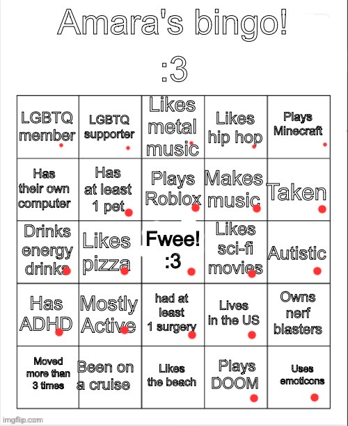 Amara's bingo | image tagged in amara's bingo | made w/ Imgflip meme maker