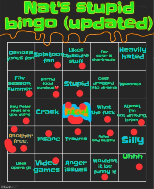 Nat's stupid bingo updated | image tagged in nat's stupid bingo updated | made w/ Imgflip meme maker