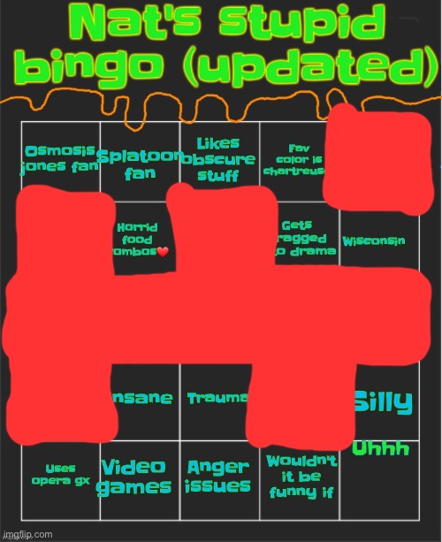 Nat's stupid bingo updated | image tagged in nat's stupid bingo updated | made w/ Imgflip meme maker