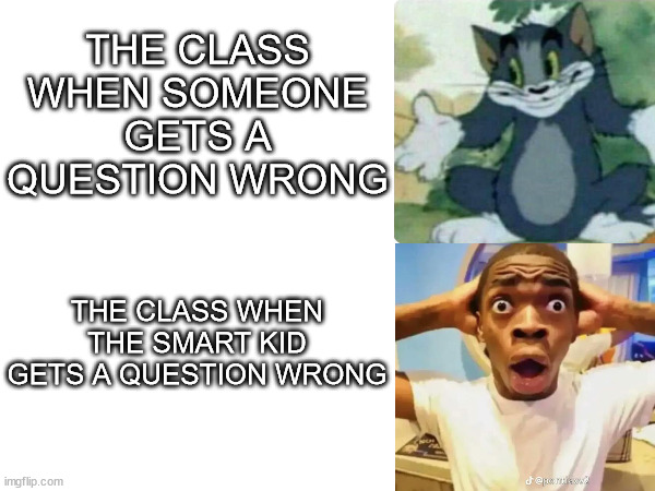 it's wild when it happens | THE CLASS WHEN SOMEONE GETS A QUESTION WRONG; THE CLASS WHEN THE SMART KID GETS A QUESTION WRONG | image tagged in school | made w/ Imgflip meme maker