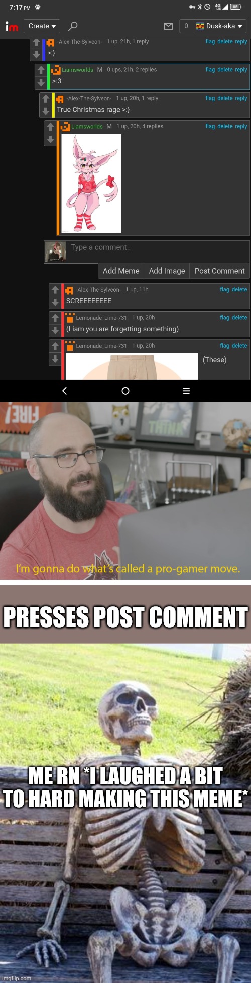 This is a joke for those who aren't familiar with my jokes | PRESSES POST COMMENT; ME RN *I LAUGHED A BIT TO HARD MAKING THIS MEME* | image tagged in i'm gonna do what's called a pro-gamer move,memes,waiting skeleton | made w/ Imgflip meme maker