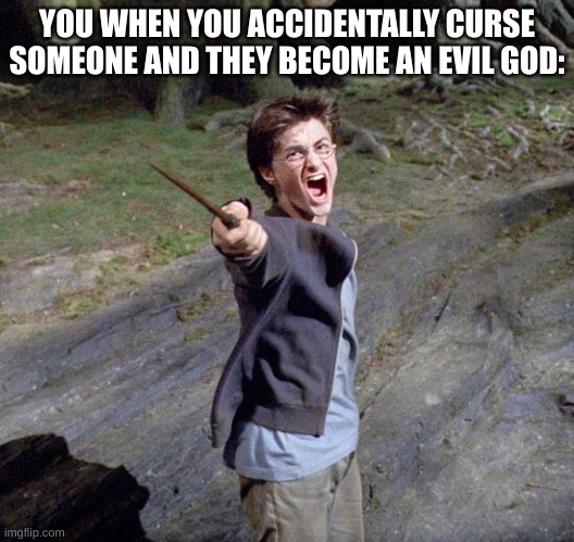 Harry potter | YOU WHEN YOU ACCIDENTALLY CURSE SOMEONE AND THEY BECOME AN EVIL GOD: | image tagged in harry potter | made w/ Imgflip meme maker