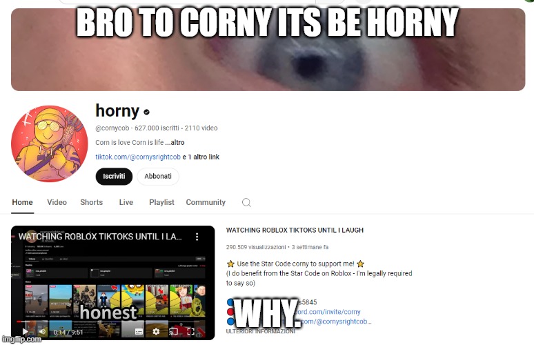 why is horny. (im joking tbh) | BRO TO CORNY ITS BE HORNY; WHY. | image tagged in funny,meme di roblox,youtuber | made w/ Imgflip meme maker