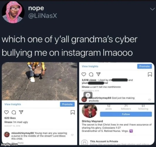 image tagged in lil nas x,grandma,cyberbullying,instagram,purse,street | made w/ Imgflip meme maker