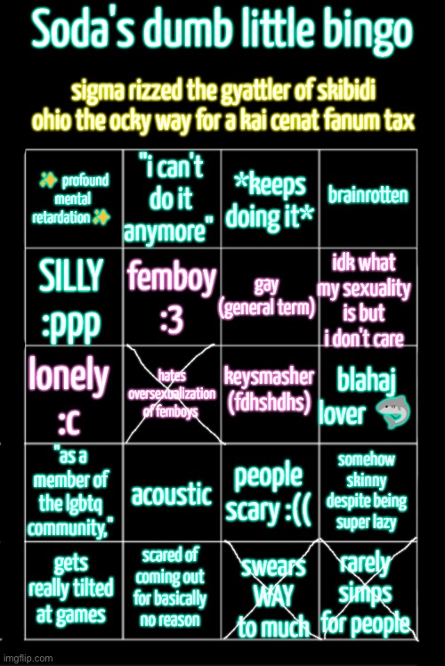 this is the gayest bingo on imgflip | image tagged in soda's dumb little bingo | made w/ Imgflip meme maker