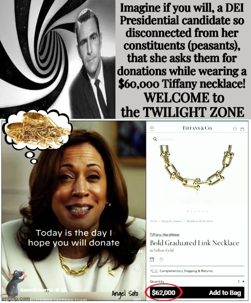 Kamala needs money for shopping at Tiffany | Imagine if you will, a DEI
Presidential candidate so
disconnected from her
constituents (peasants),
that she asks them for
donations while wearing a
$60,000 Tiffany necklace! WELCOME to the TWILIGHT ZONE; Angel Soto; $62,000                     Add to Bag | image tagged in kamala needs more money to spend at tiffany,kamala harris,imagine if you will,the twilight zone,presidential election,donations | made w/ Imgflip meme maker