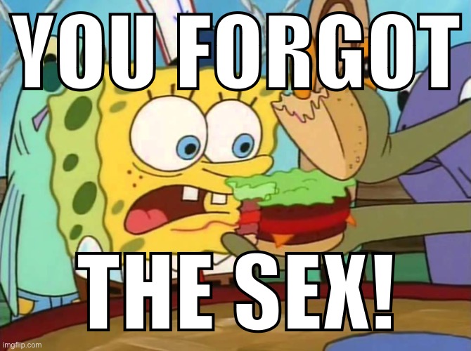 You forgot the pickles! | YOU FORGOT THE SEX! | image tagged in you forgot the pickles | made w/ Imgflip meme maker