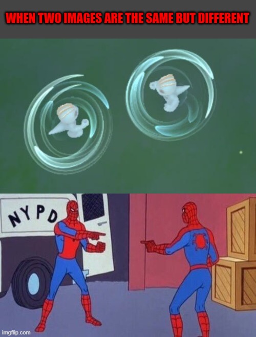 WHEN TWO IMAGES ARE THE SAME BUT DIFFERENT | image tagged in spiderman pointing at spiderman | made w/ Imgflip meme maker