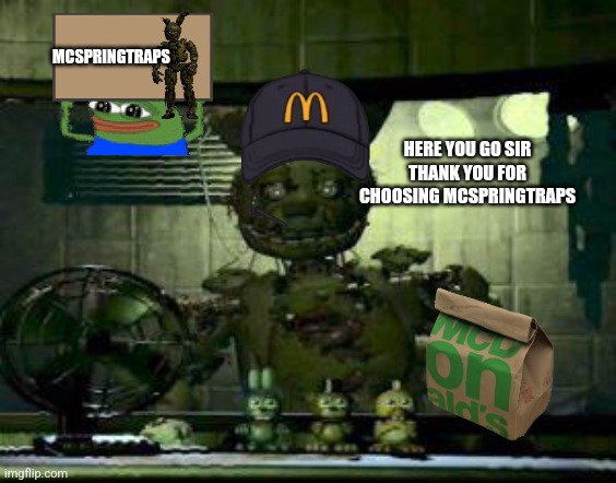 FNAF Springtrap in window | MCSPRINGTRAPS; HERE YOU GO SIR THANK YOU FOR CHOOSING MCSPRINGTRAPS | image tagged in fnaf springtrap in window | made w/ Imgflip meme maker