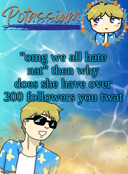 Potassium’s announcement template (tysm disco will you marry me) | "omg we all hate nat" then why does she have over 300 followers you twat | image tagged in potassium s announcement template tysm disco will you marry me | made w/ Imgflip meme maker