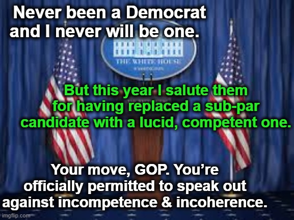 Democrat Incompetence Addressed | Never been a Democrat and I never will be one. But this year I salute them for having replaced a sub-par candidate with a lucid, competent one. Your move, GOP. You’re officially permitted to speak out against incompetence & incoherence. | image tagged in i love democracy,democrat party,maga,gop,donald trump is an idiot,nevertrump meme | made w/ Imgflip meme maker