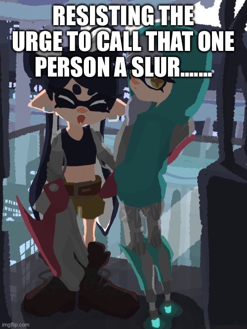 he's so annoying bru | RESISTING THE URGE TO CALL THAT ONE PERSON A SLUR....... | image tagged in squid sisters | made w/ Imgflip meme maker