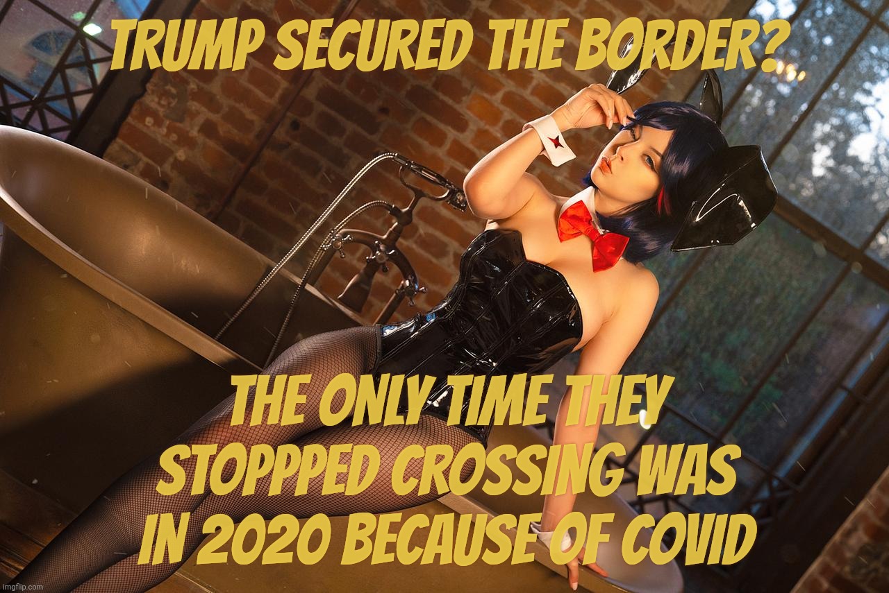 "Trump, like totally secured the border, 100%, even more than Deporter-in-Chief Obama did, bruh" | TRUMP SECURED THE BORDER? THE ONLY TIME THEY STOPPPED CROSSING WAS IN 2020 BECAUSE OF COVID | image tagged in helly bunny,trump secured the border like totally,the border,of insanity,covid stopped illegal crossings,trump lies | made w/ Imgflip meme maker