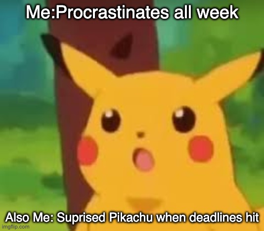 suprised pikachu | Me:Procrastinates all week; Also Me: Suprised Pikachu when deadlines hit | image tagged in suprised pikachu | made w/ Imgflip meme maker