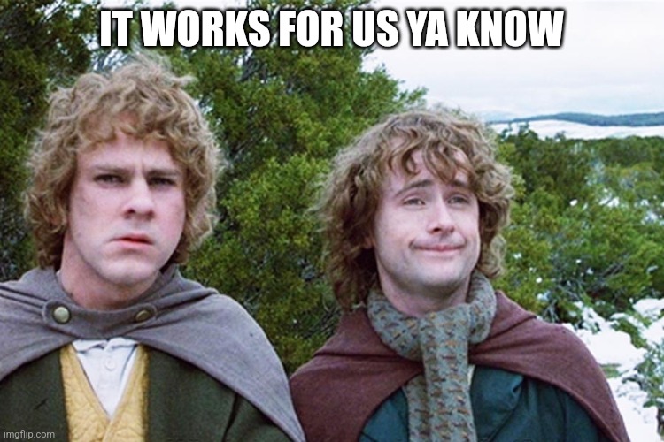 hobbits | IT WORKS FOR US YA KNOW | image tagged in hobbits | made w/ Imgflip meme maker