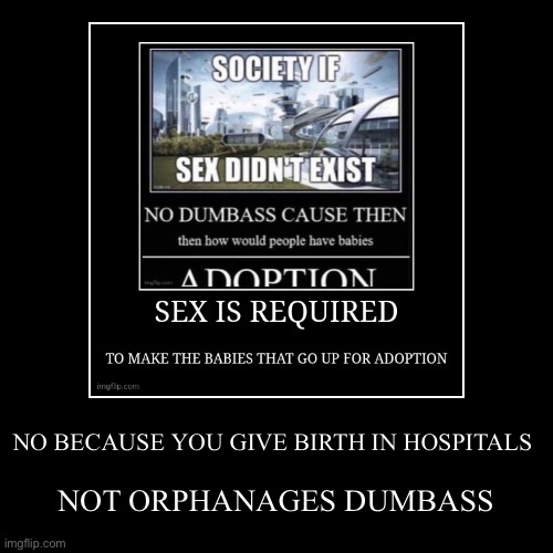 NO BECAUSE YOU GIVE BIRTH IN HOSPITALS | NOT ORPHANAGES DUMBASS | image tagged in funny,demotivationals | made w/ Imgflip demotivational maker