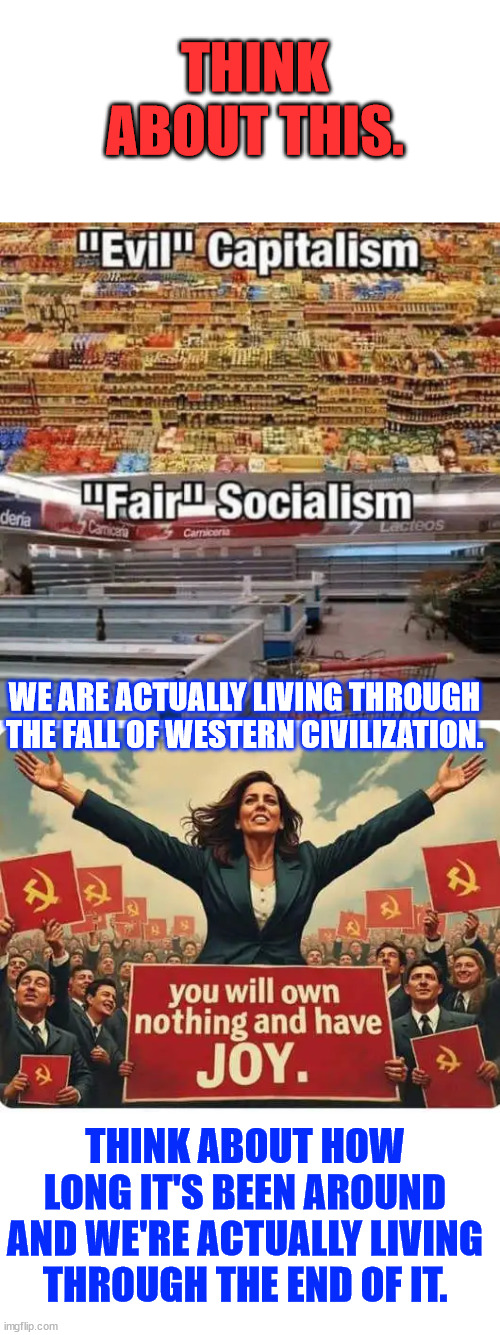 The fall of Western civilization... | THINK ABOUT THIS. WE ARE ACTUALLY LIVING THROUGH THE FALL OF WESTERN CIVILIZATION. THINK ABOUT HOW LONG IT'S BEEN AROUND AND WE'RE ACTUALLY LIVING THROUGH THE END OF IT. | image tagged in democrats,hell bent on tearing down america | made w/ Imgflip meme maker