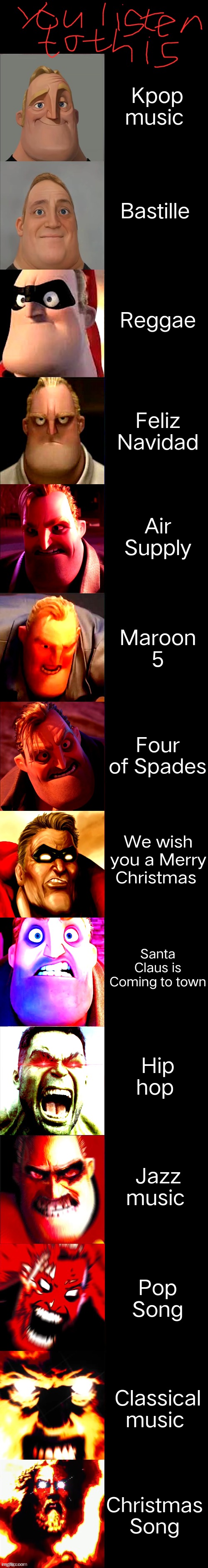 Mr. Incredible Becoming Angry Extended | Kpop music; Bastille; Reggae; Feliz Navidad; Air Supply; Maroon 5; Four of Spades; We wish you a Merry Christmas; Santa Claus is Coming to town; Hip hop; Jazz music; Pop Song; Classical music; Christmas Song | image tagged in mr incredible becoming angry extended | made w/ Imgflip meme maker