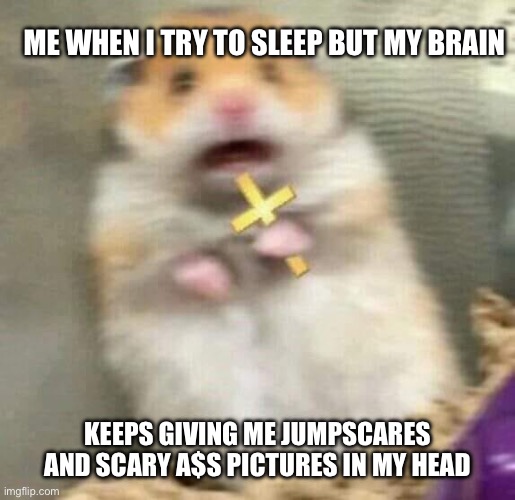 idk why this happens | ME WHEN I TRY TO SLEEP BUT MY BRAIN; KEEPS GIVING ME JUMPSCARES AND SCARY A$S PICTURES IN MY HEAD | image tagged in scared hamster with cross,fun,relatable,relatable memes,sleep | made w/ Imgflip meme maker