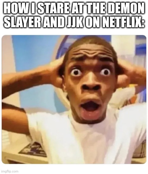 Black guy suprised | HOW I STARE AT THE DEMON SLAYER AND JJK ON NETFLIX: | image tagged in black guy suprised | made w/ Imgflip meme maker