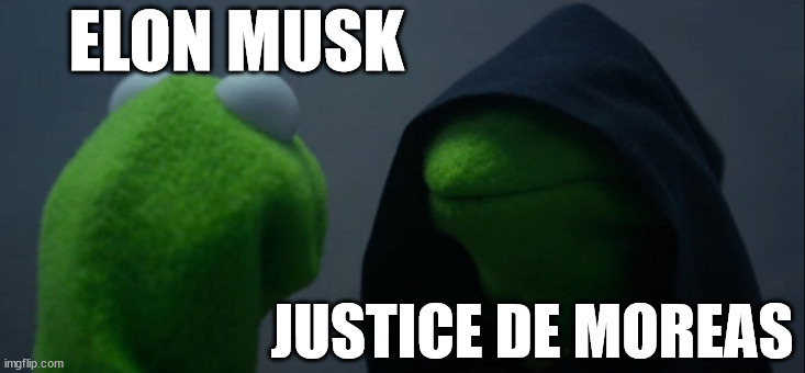 Evil Kermit | ELON MUSK; JUSTICE DE MOREAS | image tagged in memes,evil kermit | made w/ Imgflip meme maker