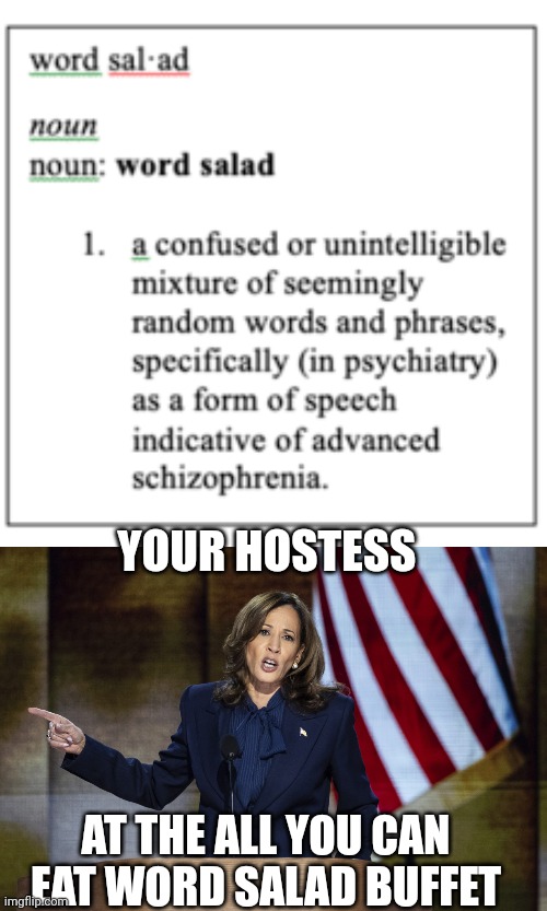 kamala harris meme | YOUR HOSTESS; AT THE ALL YOU CAN EAT WORD SALAD BUFFET | image tagged in kamala harris | made w/ Imgflip meme maker