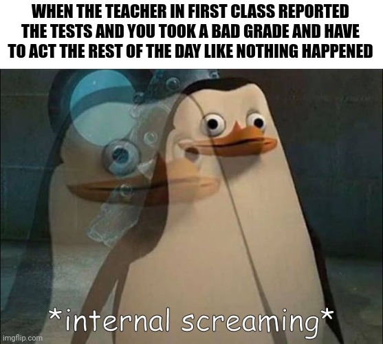 Private Internal Screaming | WHEN THE TEACHER IN FIRST CLASS REPORTED THE TESTS AND YOU TOOK A BAD GRADE AND HAVE TO ACT THE REST OF THE DAY LIKE NOTHING HAPPENED | image tagged in private internal screaming | made w/ Imgflip meme maker