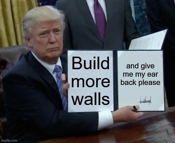 10 upvotes and we give trump his ear back /j | Build more walls; and give me my ear back please | image tagged in memes,trump bill signing | made w/ Imgflip meme maker