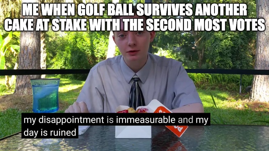 She finally got out in BFDIA 14 but SERIOUSLY? It took THAT LONG? | ME WHEN GOLF BALL SURVIVES ANOTHER CAKE AT STAKE WITH THE SECOND MOST VOTES | image tagged in my disappointment is immeasurable | made w/ Imgflip meme maker