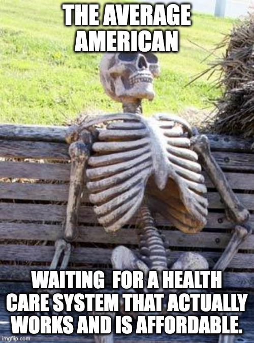 Waiting Skeleton Meme | THE AVERAGE AMERICAN WAITING  FOR A HEALTH CARE SYSTEM THAT ACTUALLY WORKS AND IS AFFORDABLE. | image tagged in memes,waiting skeleton | made w/ Imgflip meme maker