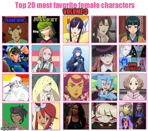 top 20 most favorite female characters volume 3 | VOLUME 3; FUJIKO MINE; SNOW QUEEN/ELSA | image tagged in top 20 most favorite female characters,volume,anime,videogames,fairy tales,favorites | made w/ Imgflip meme maker