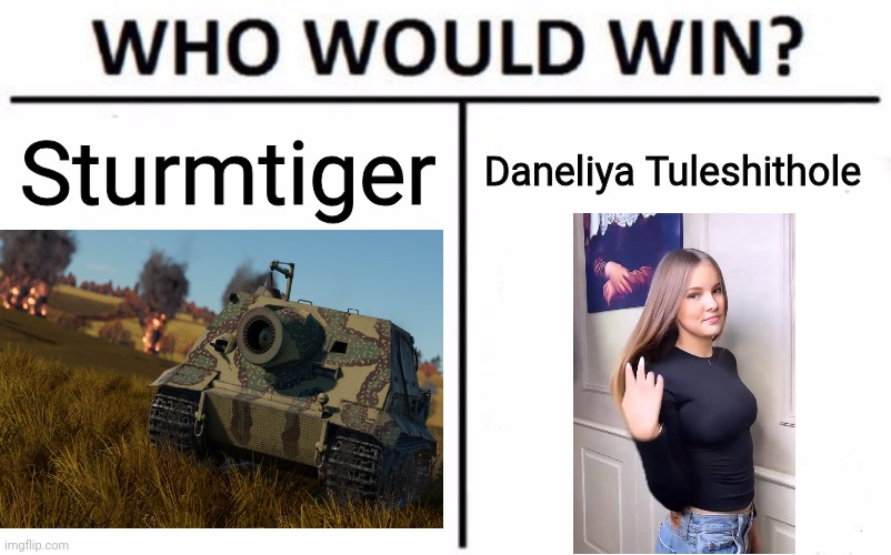 Sturmtiger vs Daneliya the cringe Kazakh singer | Sturmtiger; Daneliya Tuleshithole | image tagged in memes,who would win,daneliya tuleshova sucks,tank,germany,historical | made w/ Imgflip meme maker