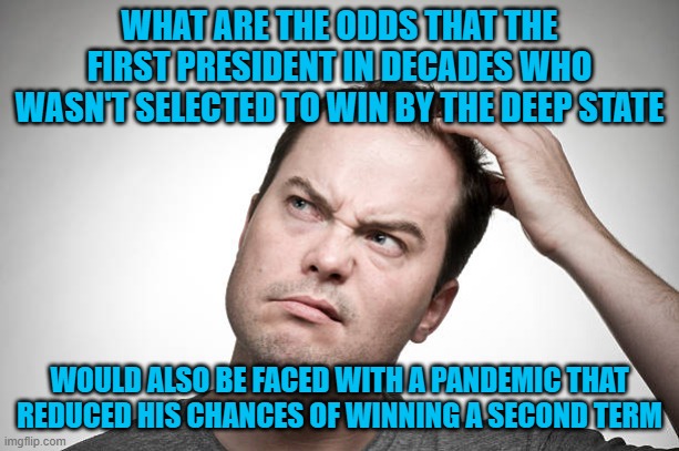 What a coincidence hmmmmmmm | WHAT ARE THE ODDS THAT THE FIRST PRESIDENT IN DECADES WHO WASN'T SELECTED TO WIN BY THE DEEP STATE; WOULD ALSO BE FACED WITH A PANDEMIC THAT REDUCED HIS CHANCES OF WINNING A SECOND TERM | image tagged in confused,maga,donald trump,deep state | made w/ Imgflip meme maker