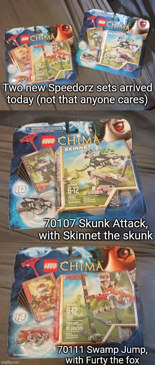 I've already built the fox one. Opening 11 year-old blister packs is a LEGO collector's Hell  | Two new Speedorz sets arrived today (not that anyone cares); 70107 Skunk Attack, with Skinnet the skunk; 70111 Swamp Jump, with Furty the fox | made w/ Imgflip meme maker