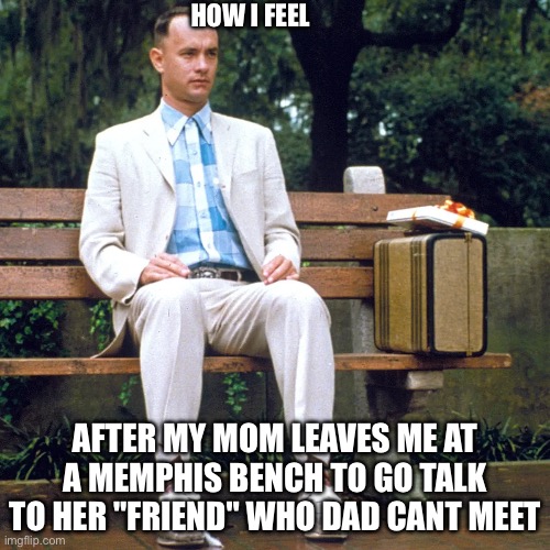 Her "friend" who she plays pattycake with | HOW I FEEL; AFTER MY MOM LEAVES ME AT A MEMPHIS BENCH TO GO TALK TO HER "FRIEND" WHO DAD CANT MEET | image tagged in why are you reading this,stop reading the tags | made w/ Imgflip meme maker