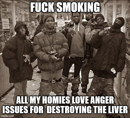 All My Homies Hate | FUCK SMOKING ALL MY HOMIES LOVE ANGER ISSUES FOR  DESTROYING THE LIVER | image tagged in all my homies hate | made w/ Imgflip meme maker