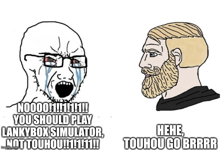 Soyboy Vs Yes Chad | HEHE, TOUHOU GO BRRRR; NOOOO!1!!1!1!1!! YOU SHOULD PLAY LANKYBOX SIMULATOR, NOT TOUHOU!!1!1!11!! | image tagged in soyboy vs yes chad | made w/ Imgflip meme maker