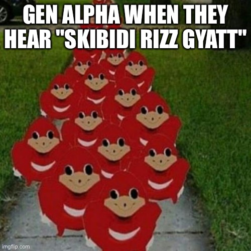 Ugandan knuckles army | GEN ALPHA WHEN THEY HEAR "SKIBIDI RIZZ GYATT" | image tagged in ugandan knuckles army | made w/ Imgflip meme maker